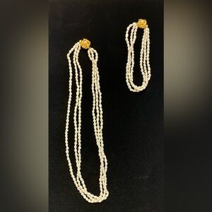 vintage EUC 3-strand seed pearl necklace & bracelet  with a gold-toned clasp.